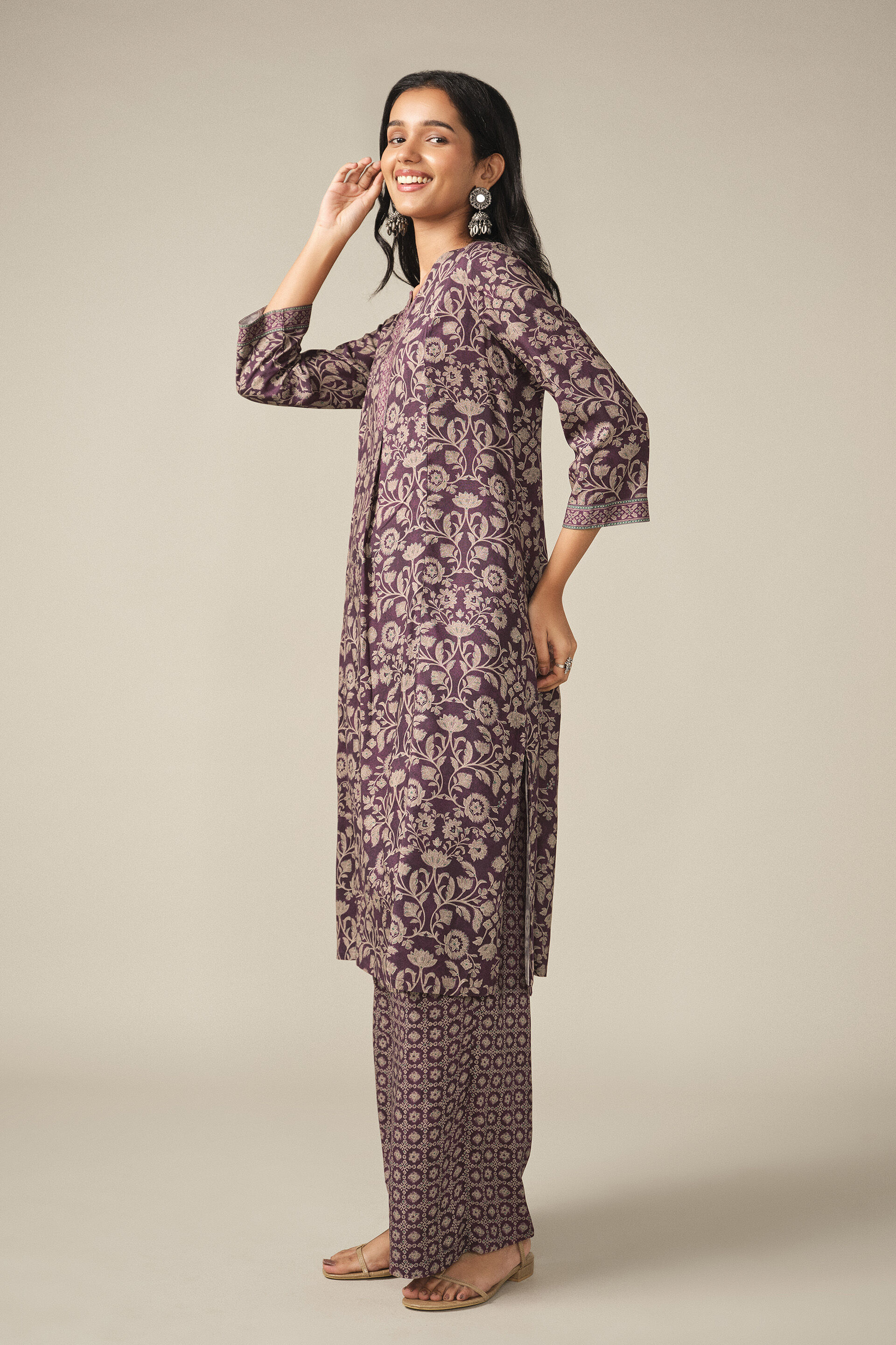 Floral Print Kurta Set in Purple, Purple, image 2